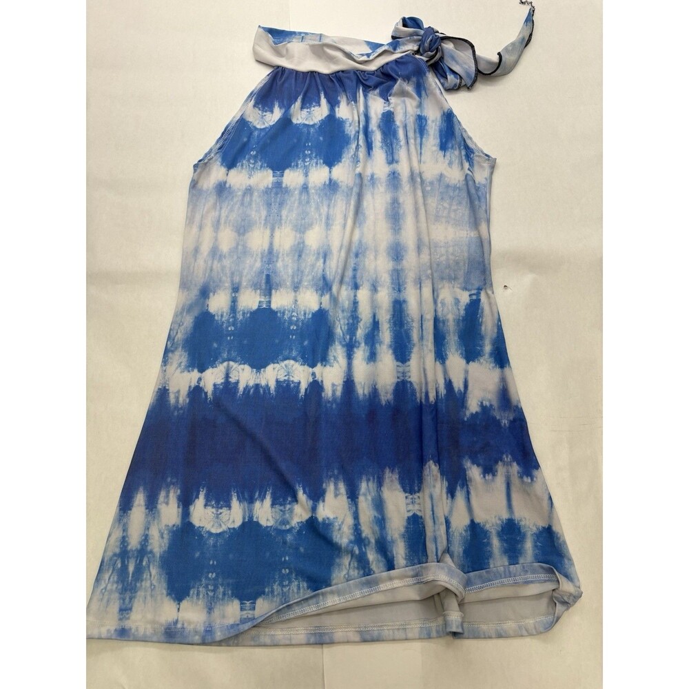 Blue White Tie Dye Halter Dress Womens Sleeveless Tie Neck Summer Beach Mini